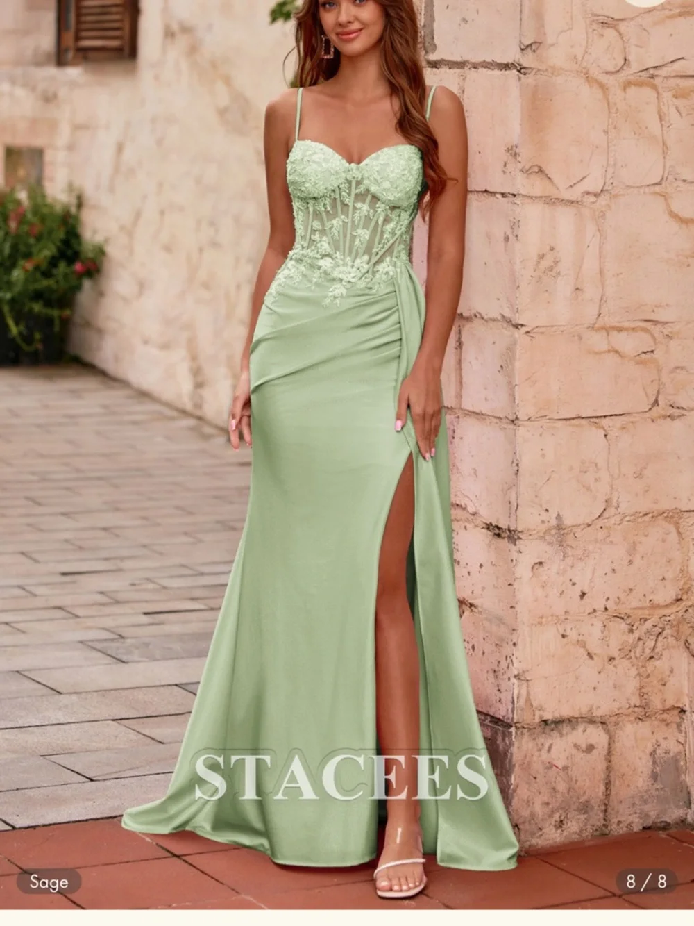 Mermaid V Neck Sheer Beaded Corset Slit Prom Dress with Side Draping Sage NWT 0 - Picture 4 of 9